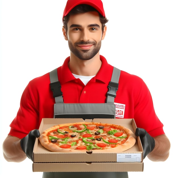 Le livreur souriant en uniforme rouge présentant une pizza aux pepperoni et donnant un pouce haut