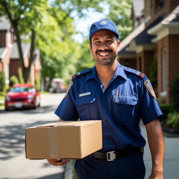 Un livreur souriant en uniforme tenant une boîte en carton