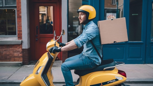 Photo un livreur surpris conduisant un scooter jaune tout en tenant une boîte à pizza