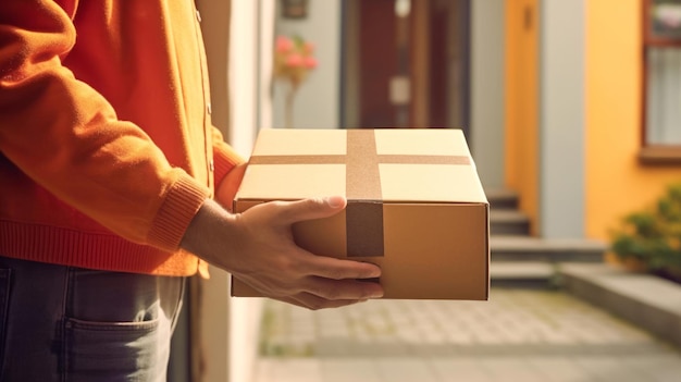 Photo livreur tenant une boîte à colis en carton regardant la caméra