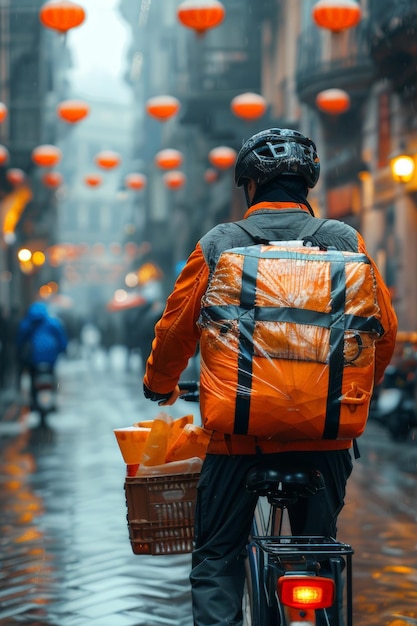 Un livreur à vélo apporte de la nourriture aux clients.