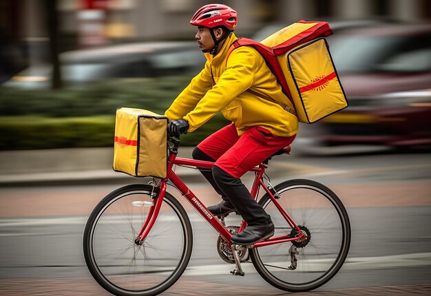 Un livreur à vélo avec une boîte à colis