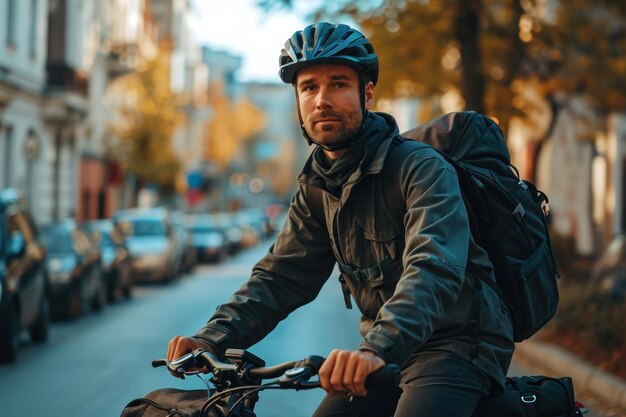 Un livreur à vélo à travers la ville