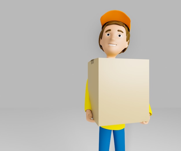 Un livreur vêtu d'un T-shirt jaune et d'une casquette tient une boîte en carton