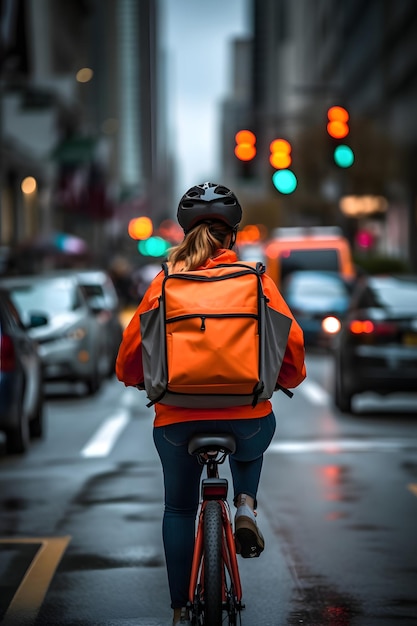 livreuse faisant du vélo portant un uniforme orange vif dans les rues animées de la ville le jour