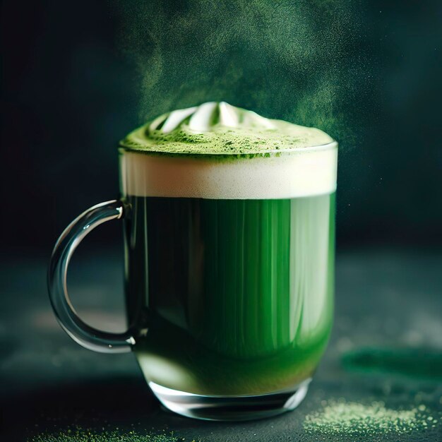 Élixir vert mousseux verre de Matcha Latte avec une poussière de poudre