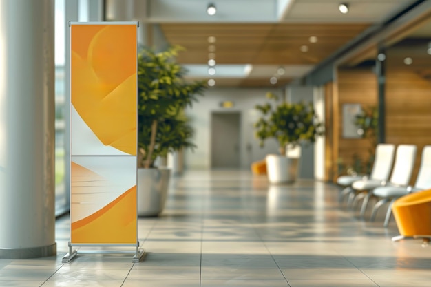 Lobby de bureau moderne avec stand de bannières roulantes et plantes