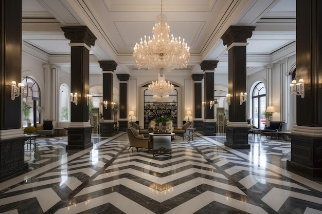 Lobby d'hôtel luxueux avec des lustres en marbre et un décor riche créé avec une IA générative