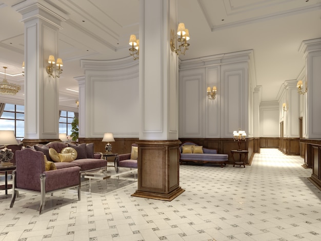 Lobby de l'hôtel de style classique avec des meubles art déco luxueux et un hall en mosaïque. rendu 3D