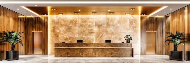 Lobby moderne de l'hôtel avec des planchers de marbre élégants et un décor élégant Intérieur spacieux et luxueux