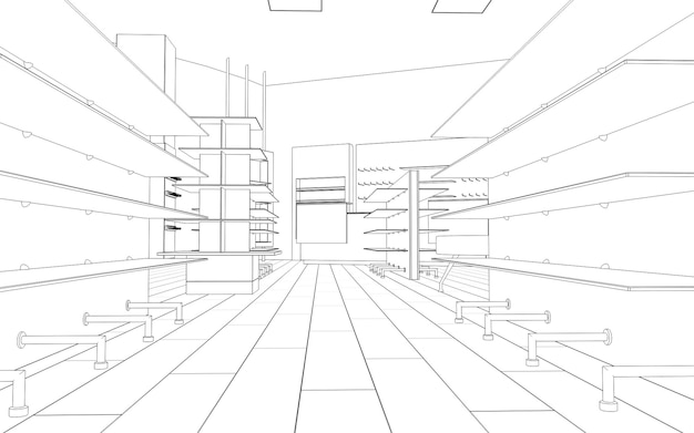 locaux commerciaux boutique visualisation de l'intérieur 3D illustration croquis contour