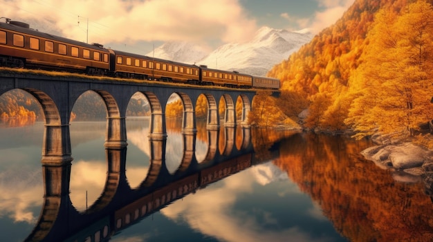 Photo locomotive à vapeur d'automne doré dans les montagnes