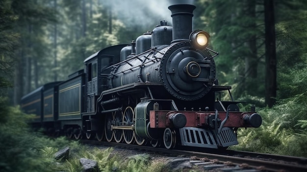 Locomotive à vapeur dans la forêt ai générative