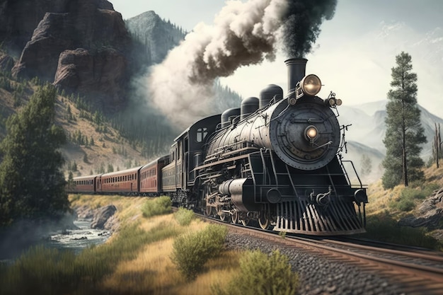 Locomotive à vapeur tirant un train de voitures particulières à travers un paysage pittoresque