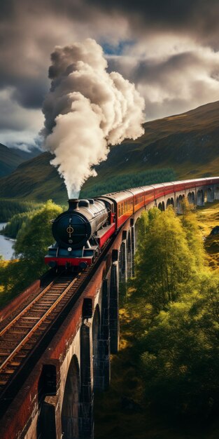 Photo locomotive à vapeur sur le viaduc de glenfinnan une fantaisie de paysage écossais