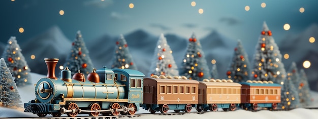 Photo locomotive vintage jouet dans le fond lumineux flou de noël bannière d'illustration de dessin animé