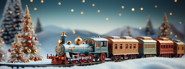 Locomotive vintage jouet en fond clair flou de Noël Bannière d'illustration de dessin animé