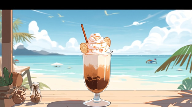 Lofi anime cocktail sur un bar de plage été vibes illustration fond d'écran fond AI générative