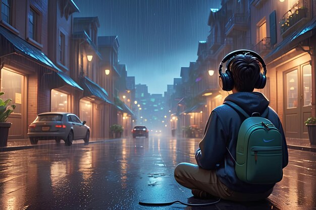 Lofi Boy écoutant de la musique relaxante avec des écouteurs Météo chaude et pluvieuse