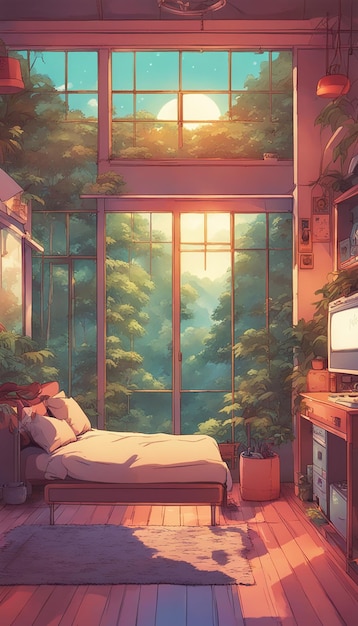 Lofi coloré à l'intérieur vide dans le style manga d'anime avec une vue sur la jungle, des vibrations chaleureuses et une atmosphère hip-hop...