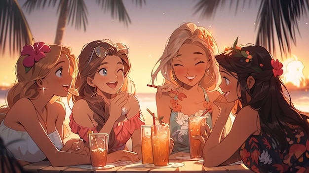 Lofi Girls en bikini sur un fond d'écran de conception de fond d'anime de bar de plage dans la nature AI générative