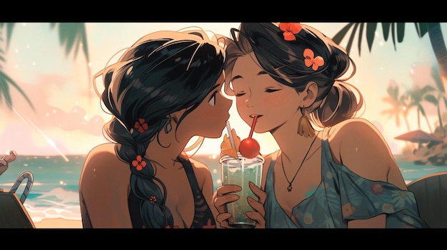 Lofi Girls buvant un cocktail sur un bar de plage anime illustration design de fond AI générative