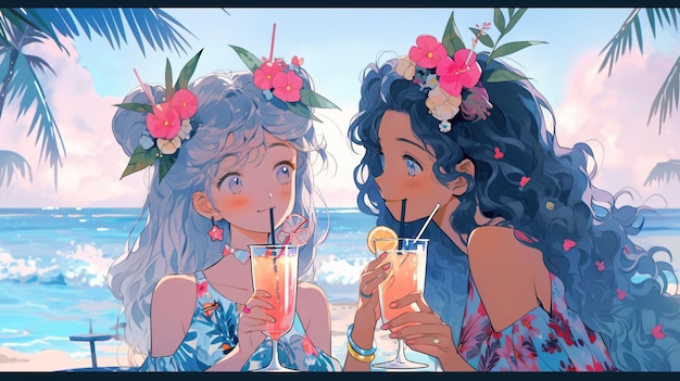 Lofi Girls buvant un cocktail sur un bar de plage anime illustration design de fond AI générative