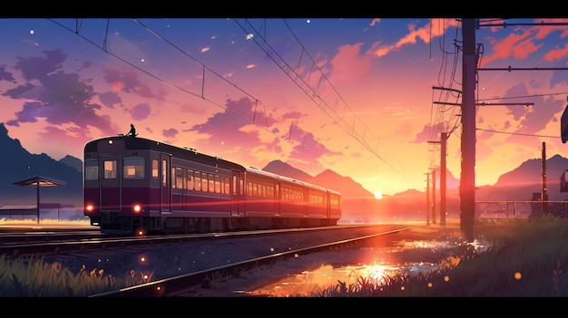 Lofi Train dans la nature anime manga style illustration design fond d'écran fond art AI générative