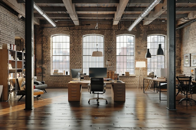 Loft de bureau industriel avec des murs en briques exposées oc