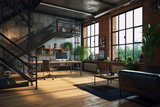 Un loft avec un canapé et un bureau devant un escalier.