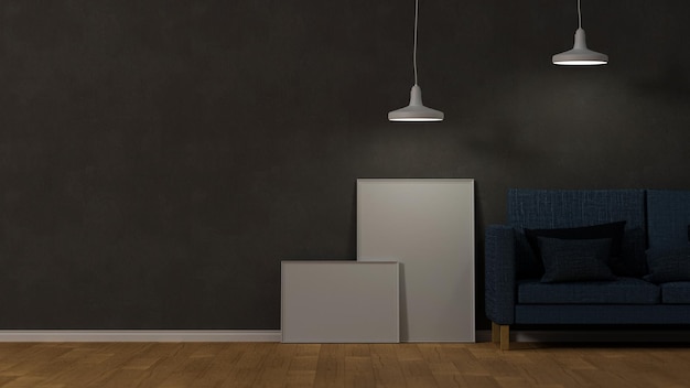 Loft classique moderne et intérieur de salon sombre avec rendu 3d de maquette de cadre d'affiche vierge