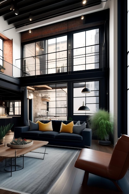 Un loft noir et blanc avec un canapé noir et une table avec une plante au milieu.