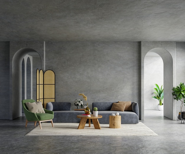 Loft de salon dans un style industriel avec canapé sombre et fauteuil vert sur mur de béton vide, rendu 3d