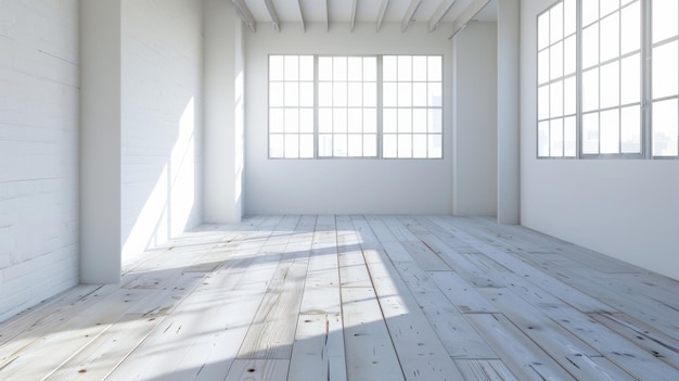 Un loft vide éclairé par le soleil avec de grandes fenêtres et des planchers en bois