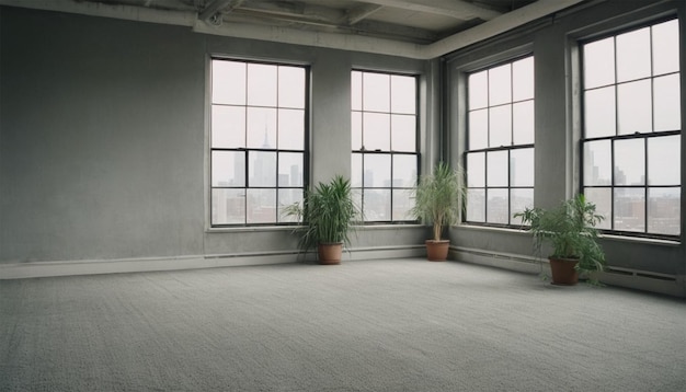 Un loft vide à New York avec des plantes, des fenêtres, du tapis, une maquette de réalité augmentée.