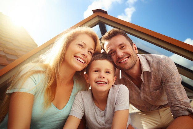 Logement et déménagement famille heureuse mère père et enfants avec toit à la maison IA générative