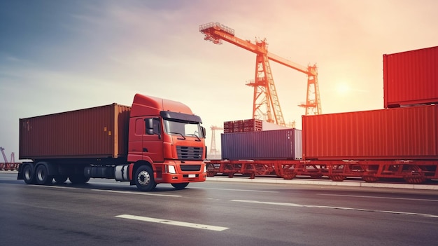 Logistique pour l'importation et l'exportation de conteneurs, de navires de fret et de camions transportant des marchandises