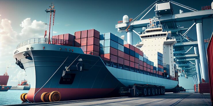 Photo logistique et transport de conteneurs internationaux cargo ship dans le dock au ciel crépusculaire transport de marchandises expédition generative ai