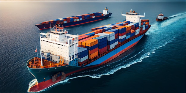 Logistique et transport de conteneurs internationaux Cargo ship dans l'océan au ciel crépusculaire Transport de marchandises Expédition Generative Ai