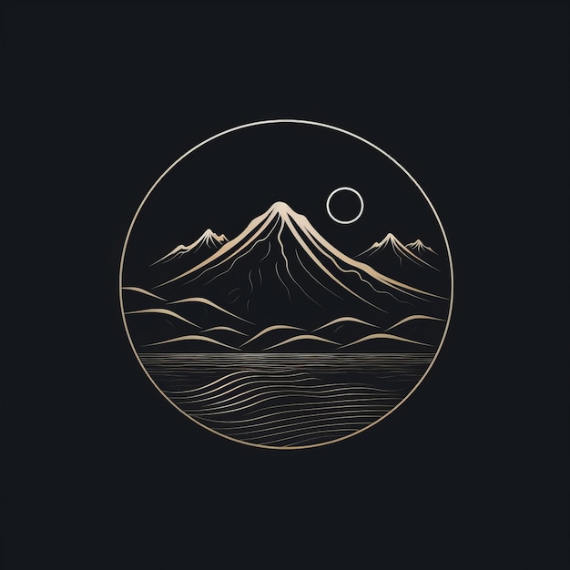 Logo d'art en ligne minimaliste avec des montagnes dorées sur fond noir