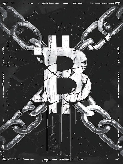 Photo le logo de bitcoin brisant les chaînes sur un fond sombre et gringueux illustration de la crypto-monnaie arrière-planr