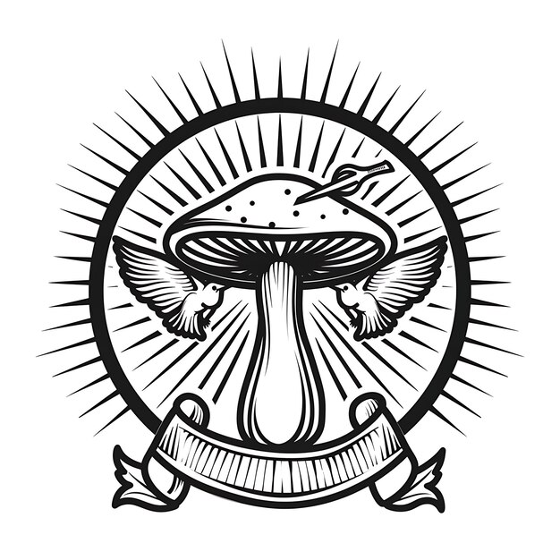 Logo de champignon Reishi avec un ruban décoratif et un t-shirt à contour de tatouage Hummi