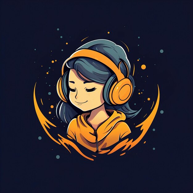 Photo logo chibi d'une jolie petite fille colorée et elle porte un téléphone pour écouter de la musique