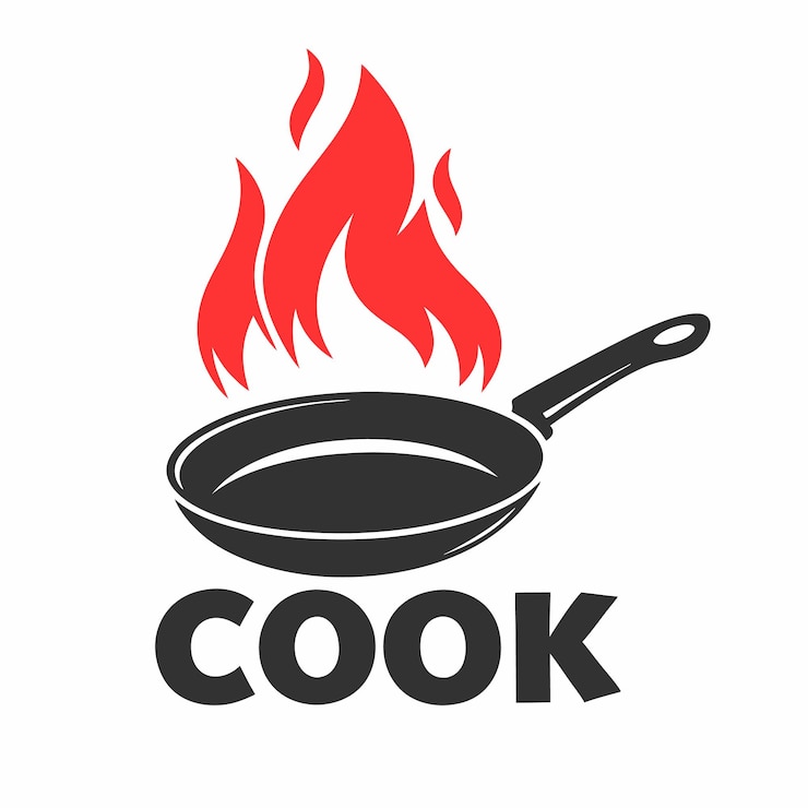 Photo logo de cuisine avec des flammes dans une poêle à frire cooking with fire logo de cuisine de la couronne