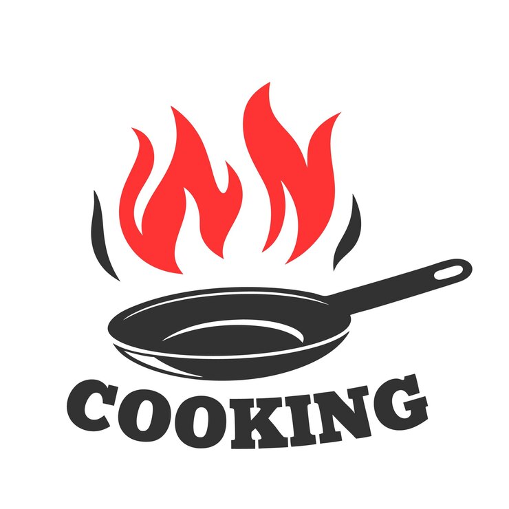 Photo logo de cuisine avec des flammes dans une poêle à frire cooking with fire logo de cuisine de la couronne