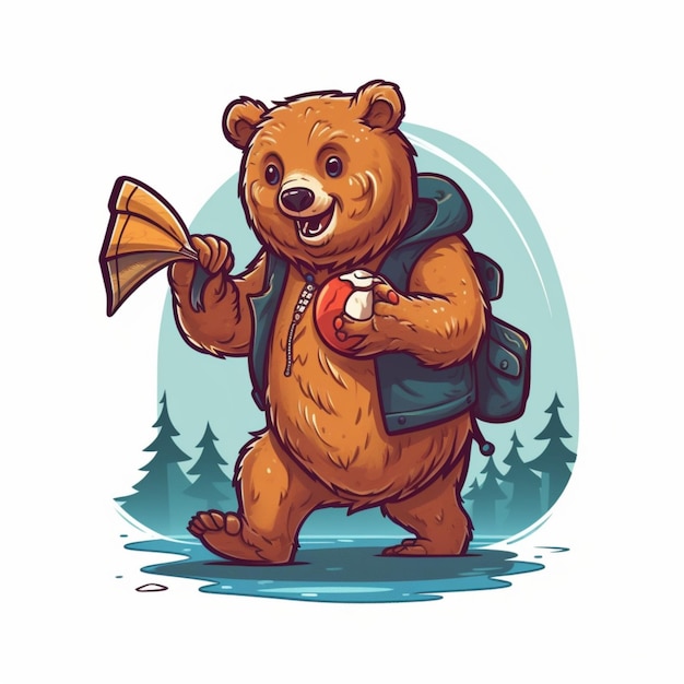 Logo de dessin animé d'un ours portant un poisson 2