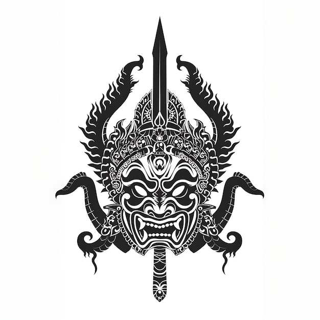 Le logo du masque Khon du guerrier siaméen d'Ayutthaya avec des Nagas et une chemise courbe Tattoo Ink Outline Design CNC