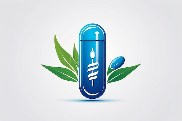 Photo logo du médecin et du vecteur de la capsule en bleu avec une feuille verte