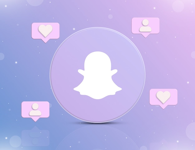 Logo du réseau social Snapchat avec des icônes de notification de nouveaux likes et followers autour de la 3d