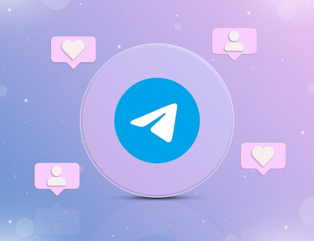 Logo du réseau social Telegram avec des icônes de notification de nouveaux likes et followers autour de la 3d